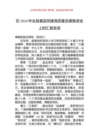 在2024年全县基层党建高质量发展推进会上的汇报发言