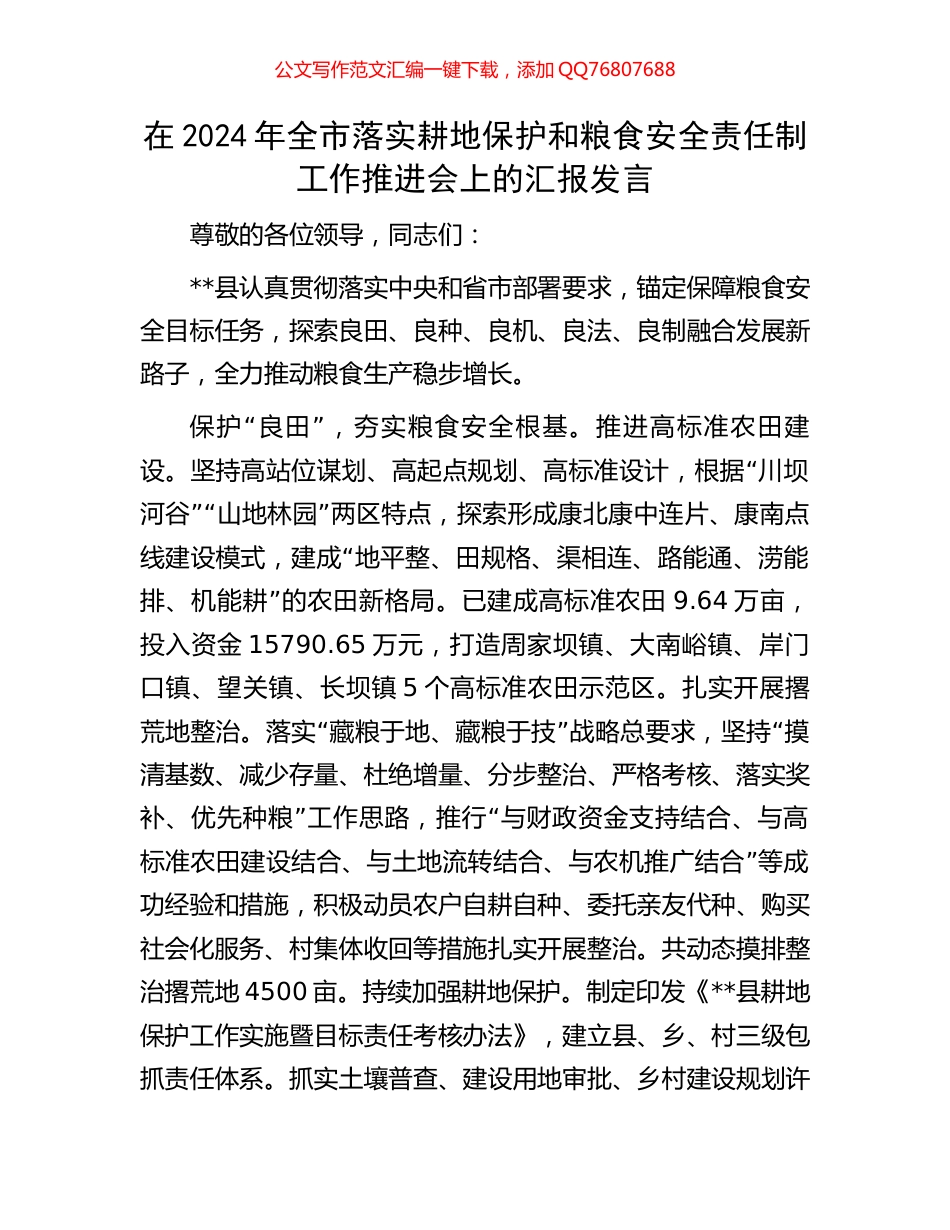 在2024年全市落实耕地保护和粮食安全责任制工作推进会上的汇报发言_第1页