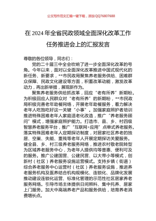在2024年全省民政领域全面深化改革工作任务推进会上的汇报发言