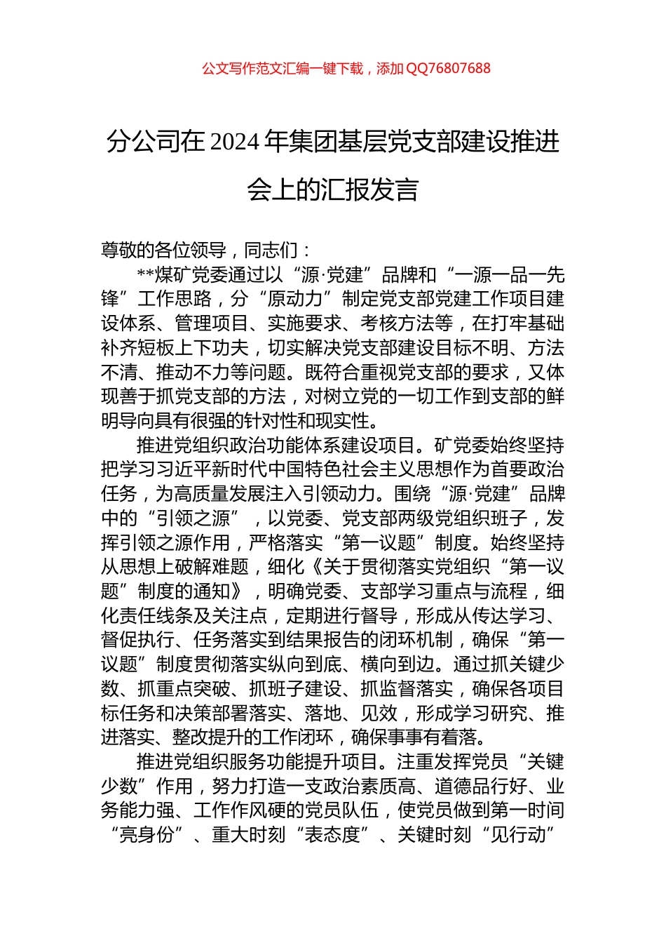 分公司在2024年集团基层党支部建设推进会上的汇报发言_第1页