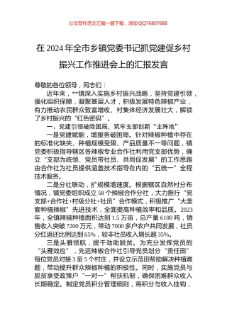 在2024年全市乡镇党委书记抓党建促乡村振兴工作推进会上的汇报发言