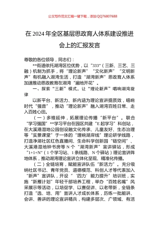 在2024年全区基层思政育人体系建设推进会上的汇报发言