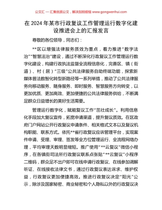 在2024年某市行政复议工作管理运行数字化建设推进会上的汇报发言