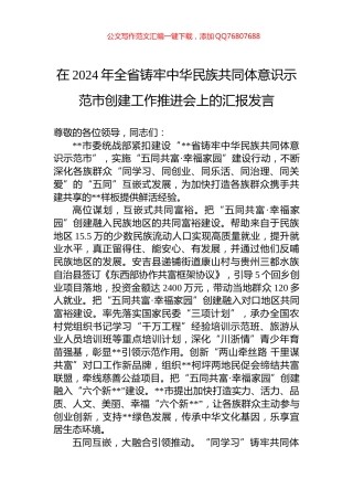 在2024年全省铸牢中华民族共同体意识示范市创建工作推进会上的汇报发言
