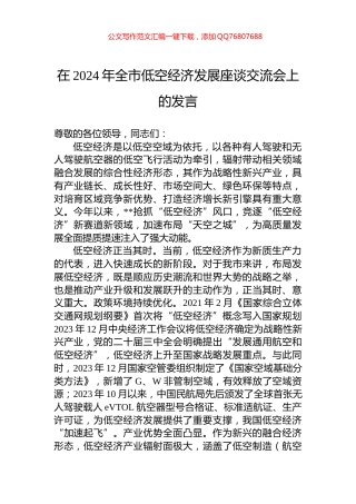 在2024年全市低空经济发展座谈交流会上的发言