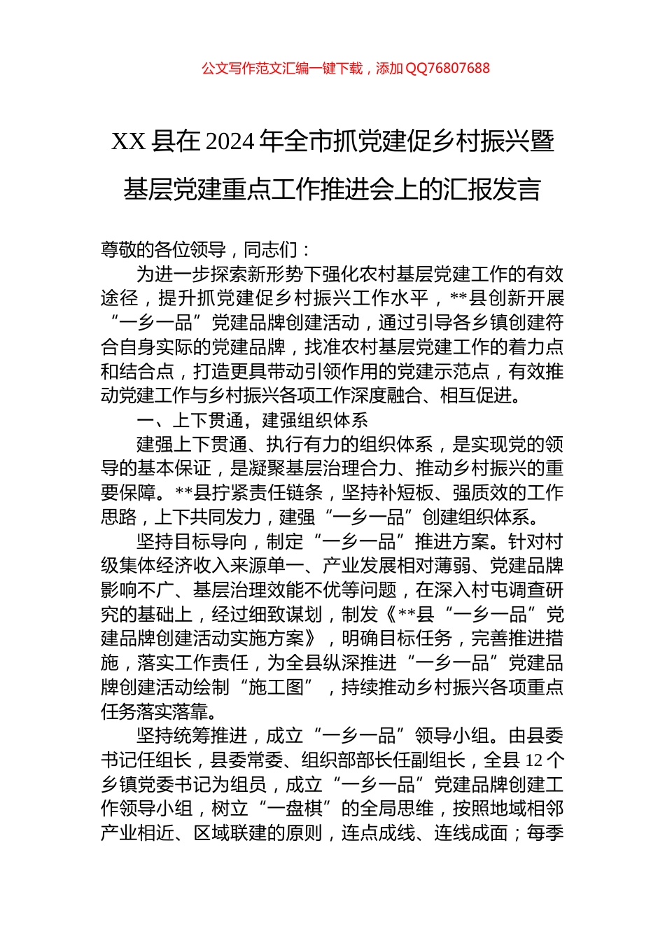 XX县在2024年全市抓党建促乡村振兴暨基层党建重点工作推进会上的汇报发言_第1页