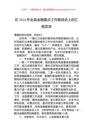 在2024年全县金融重点工作推进会上的汇报发言