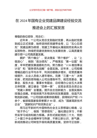 在2024年国有企业党建品牌建设经验交流推进会上的汇报发言