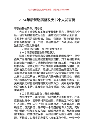 2024年最新巡察整改支书个人发言稿