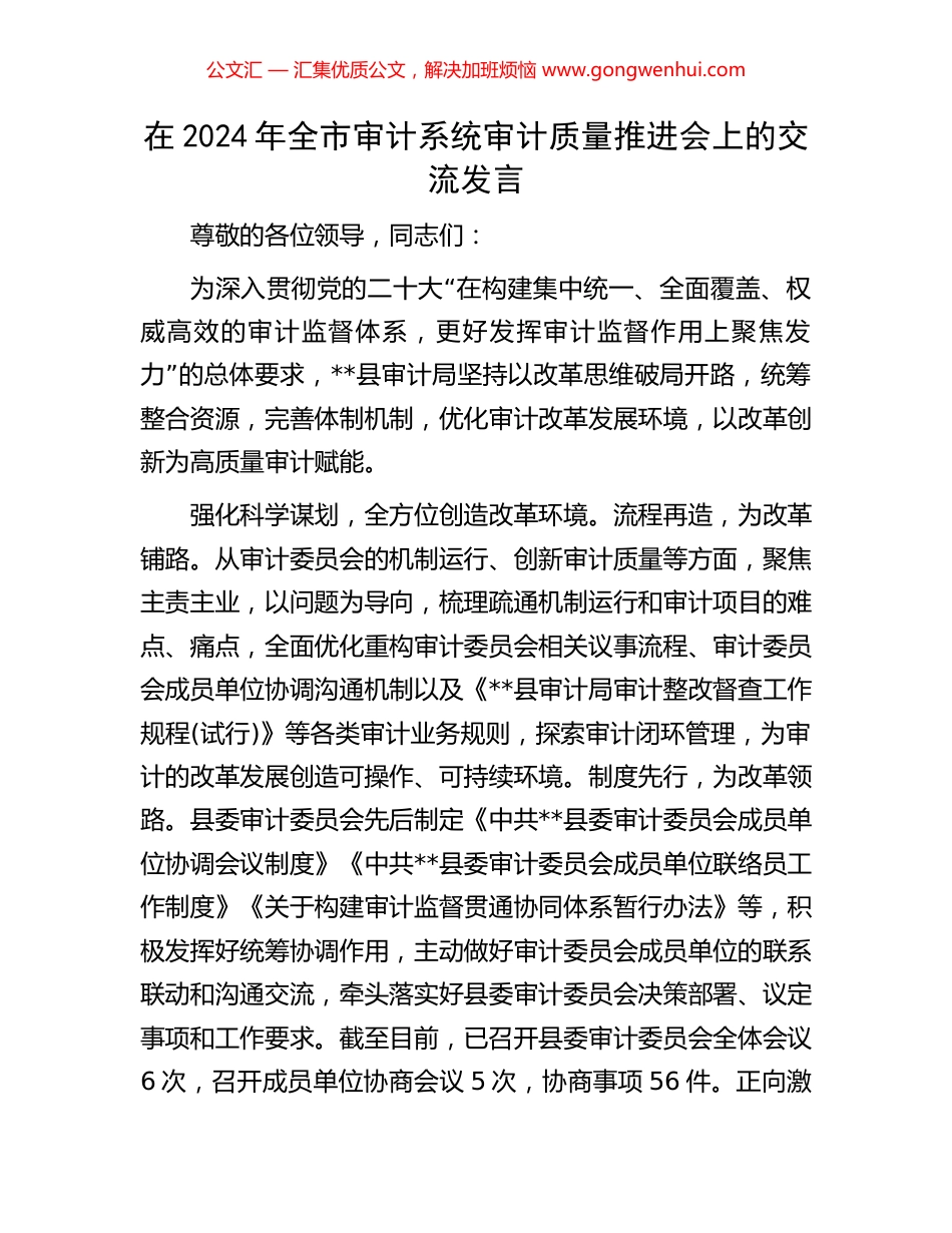 在2024年全市审计系统审计质量推进会上的交流发言_第1页
