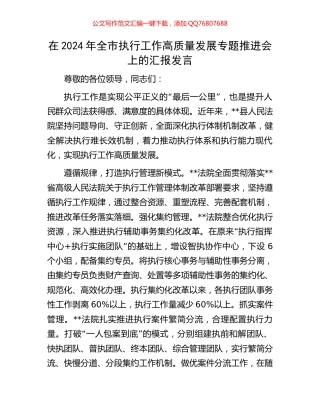 在2024年全市执行工作高质量发展专题推进会上的汇报发言