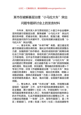 某市在破解基层治理“小马拉大车”突出问题专题研讨会上的发言材料