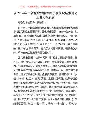 在2024年州新型农村集体经济发展现场推进会上的汇报发言