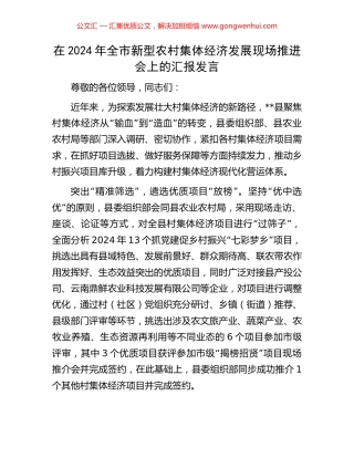 在2024年全市新型农村集体经济发展现场推进会上的汇报发言