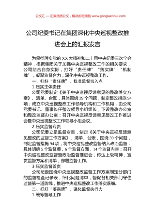 公司纪委书记在集团深化中央巡视整改推进会上的汇报发言
