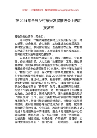 在2024年全县乡村振兴发展推进会上的汇报发言