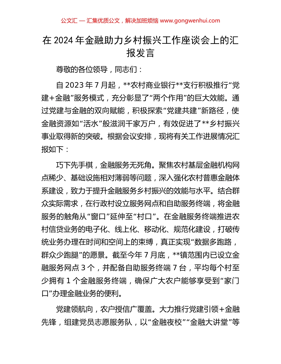 在2024年金融助力乡村振兴工作座谈会上的汇报发言_第1页