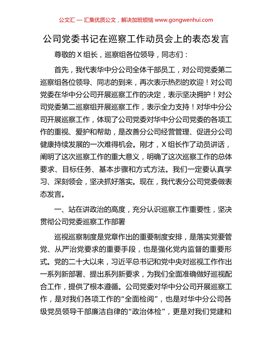 公司党委书记在巡察工作动员会上的表态发言_第1页