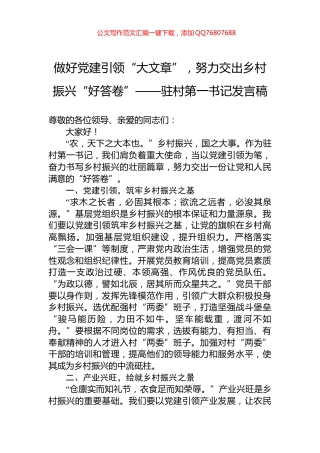 做好党建引领“大文章”，努力交出乡村振兴“好答卷”——驻村第一书记发言稿