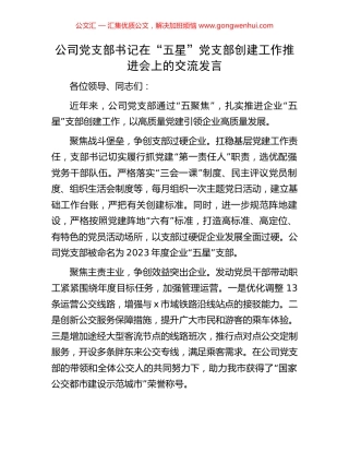 公司党支部书记在“五星”党支部创建工作推进会上的交流发言