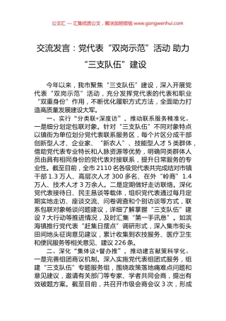 交流发言：党代表“双岗示范”活动+助力“三支队伍”建设