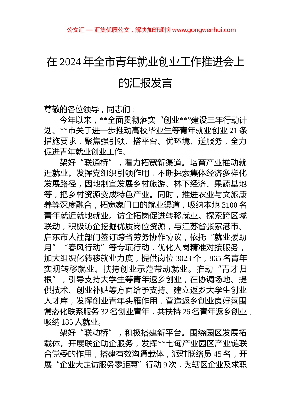 在2024年全市青年就业创业工作推进会上的汇报发言_第1页