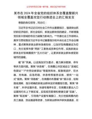 某市在2024年全省党的组织体系全覆盖暨新兴领域全覆盖攻坚行动推进会上的汇报发言