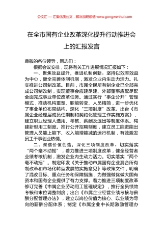 在全市国有企业改革深化提升行动推进会上的汇报发言