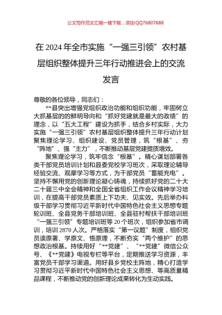 在2024年全市实施“一强三引领”农村基层组织整体提升三年行动推进会上的交流发言