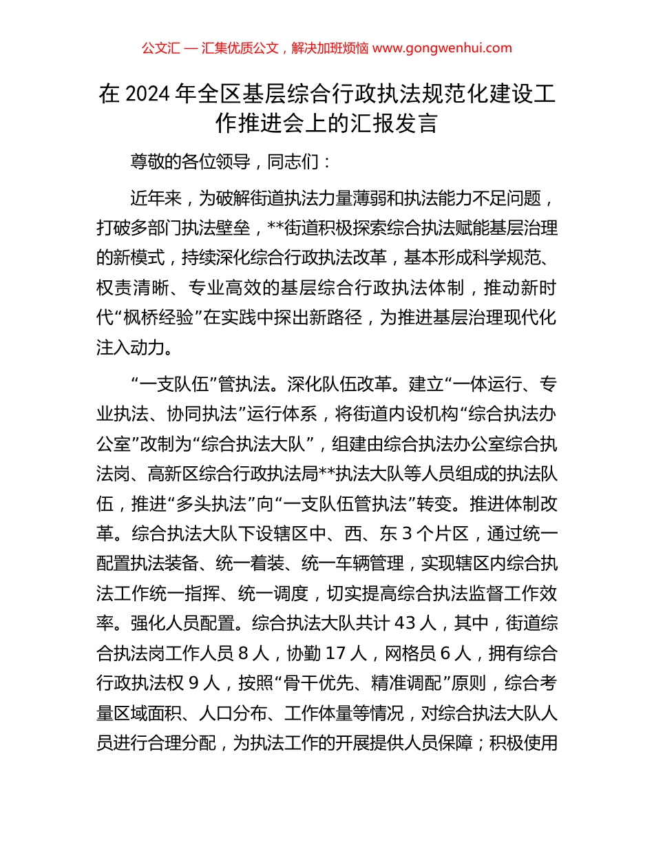 在2024年全区基层综合行政执法规范化建设工作推进会上的汇报发言_第1页
