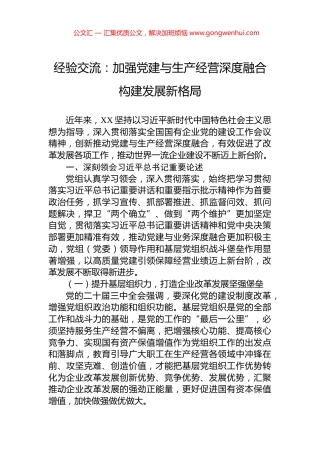 经验交流：加强党建与生产经营深度融合+构建发展新格局