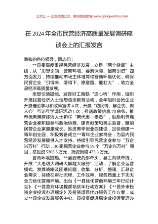 在2024年全市民营经济高质量发展调研座谈会上的汇报发言
