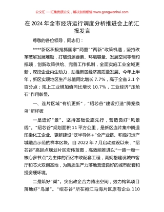 在2024年全市经济运行调度分析推进会上的汇报发言