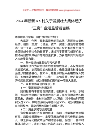 2024年最新XX村关于发展壮大集体经济+“三资”盘活监管发言稿