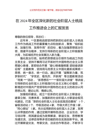在2024年全区深化新的社会阶层人士统战工作推进会上的汇报发言