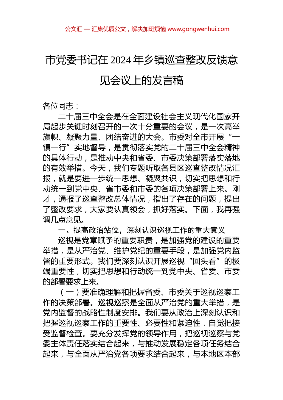 市党委书记在2024年乡镇巡查整改反馈意见会议上的发言稿_第1页