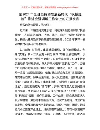 在2024年全县坚持和发展新时代“枫桥经验”推进会暨调解工作会上的汇报发言