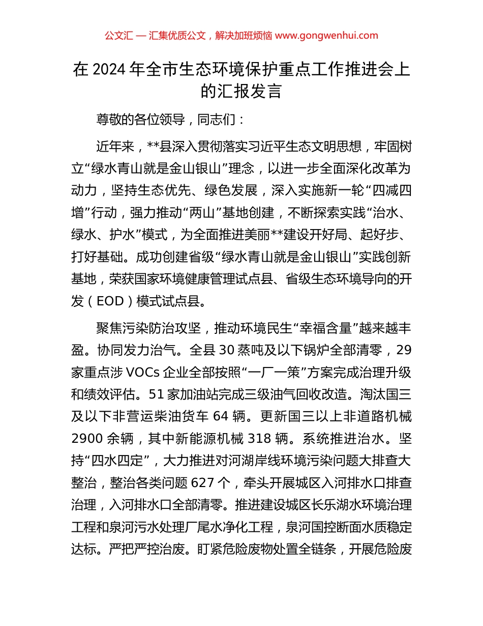 在2024年全市生态环境保护重点工作推进会上的汇报发言_第1页