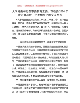 大学党委书记在市委教育工委、市教委2024年度市属高校一把手例会上的交流发言