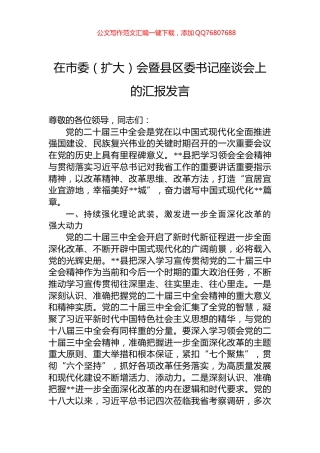 在市委（扩大）会暨县区委书记座谈会上的汇报发言