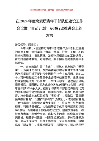 在2024年度高素质青年干部队伍建设工作会议暨“青苗计划”专项行动推进会上的发言