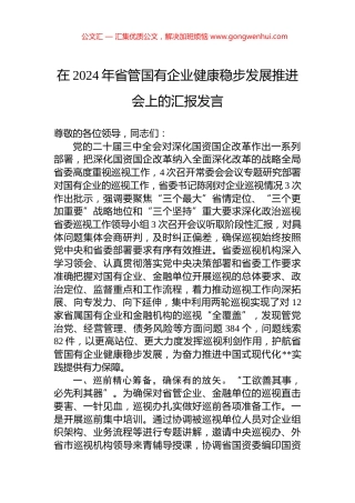 在2024年省管国有企业健康稳步发展推进会上的汇报发言