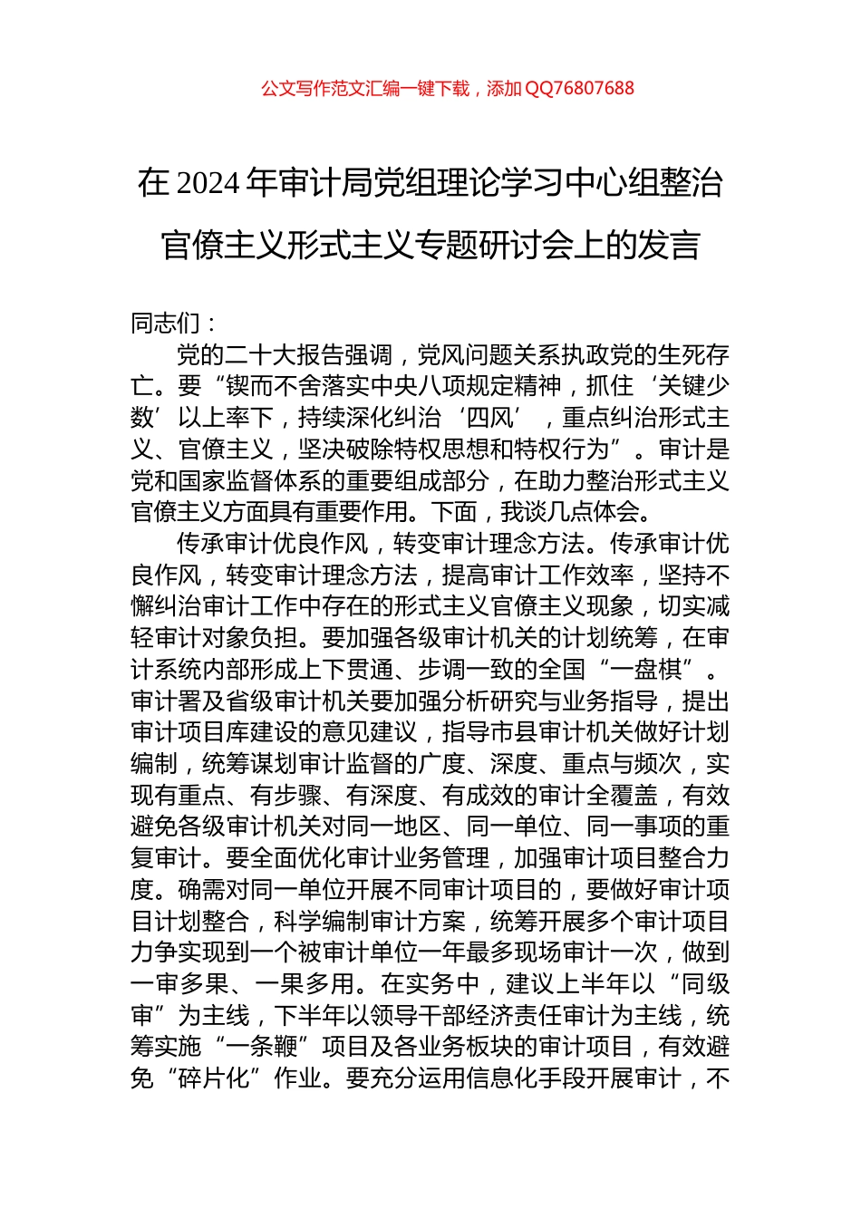 在2024年审计局党组理论学习中心组整治官僚主义形式主义专题研讨会上的发言_第1页