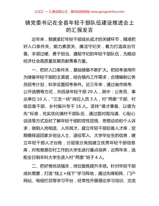 镇党委书记在全县年轻干部队伍建设推进会上的汇报发言
