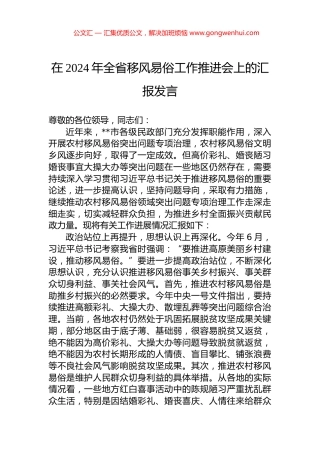 在2024年全省移风易俗工作推进会上的汇报发言