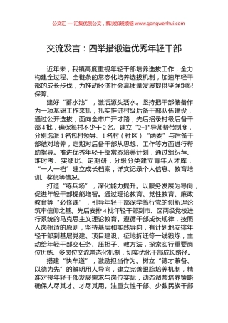 交流发言：四举措锻造优秀年轻干部