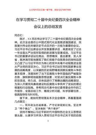 在学习贯彻二十届中央纪委四次全会精神会议上的总结发言