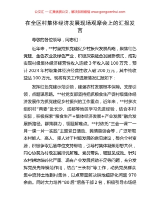 在全区村集体经济发展现场观摩会上的汇报发言