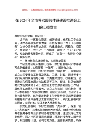 在2024年全市养老服务体系建设推进会上的汇报发言