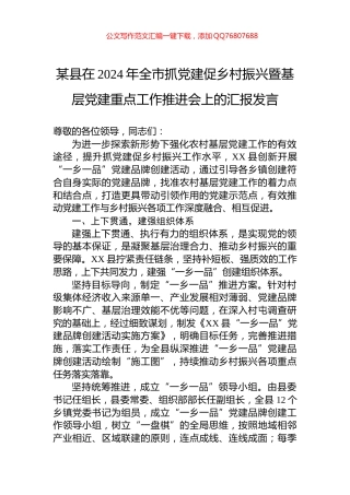 某县在2024年全市抓党建促乡村振兴暨基层党建重点工作推进会上的汇报发言